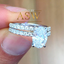 Load image into Gallery viewer, 14K Solid White Gold Oval Cut Moissanite And Natural Round Cut Engagement Ring And Band Halo, Bridal, Wedding, Anniversary, Propose 2.30ctw
