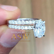 Load image into Gallery viewer, 14K Solid White Gold Oval Cut Moissanite And Natural Round Cut Engagement Ring And Band Halo, Bridal, Wedding, Anniversary, Propose 2.30ctw
