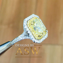 Load image into Gallery viewer, Large 6.00 Carats 14k Solid White and Yellow Gold Radiant Cut Simulated Diamond and Fancy Yellow Diamonds Engagement Ring Double Halo
