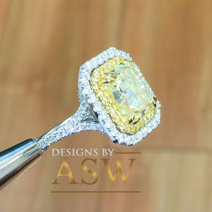 Large 6.00 Carats 14k Solid White and Yellow Gold Radiant Cut Simulated Diamond and Fancy Yellow Diamonds Engagement Ring Double Halo