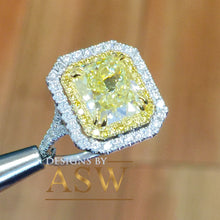 Load image into Gallery viewer, Large 6.00 Carats 14k Solid White and Yellow Gold Radiant Cut Simulated Diamond and Fancy Yellow Diamonds Engagement Ring Double Halo
