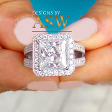 Load image into Gallery viewer, 14k solid and heavy white gold princess cut moissanite and round cut natural diamond engagement ring deco style halo bridal 3.70ctw
