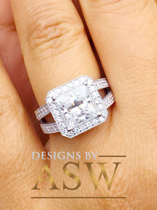 14k solid and heavy white gold princess cut moissanite and round cut natural diamond engagement ring deco style halo bridal 3.70ctw