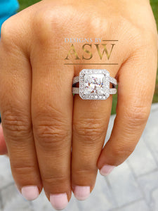 14k solid and heavy white gold princess cut moissanite and round cut natural diamond engagement ring deco style halo bridal 3.70ctw