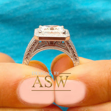 Load image into Gallery viewer, 14k solid and heavy white gold princess cut moissanite and round cut natural diamond engagement ring deco style halo bridal 3.70ctw

