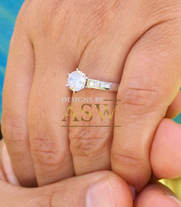 14k White Gold Round Cut Forever One Moissanite and Round Cut Natural Diamond Engagement Ring Bridal Wedding Propose, Half Eternity 1.15ctw