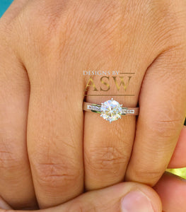 14k White Gold Round Cut Forever One Moissanite and Round Cut Natural Diamond Engagement Ring Bridal Wedding Propose, Half Eternity 1.15ctw