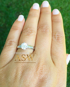 14k White Gold Round Cut Forever One Moissanite and Round Cut Natural Diamond Engagement Ring Bridal Wedding Propose, Half Eternity 1.15ctw