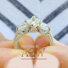 Load image into Gallery viewer, 14k Solid White Gold Princess, Baguettes, and Round Cut Simulated Diamond Engagement Ring And Band Bridal Set Wedding Antique Deco 2.50ctw

