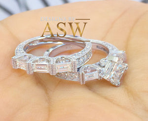 14k Solid White Gold Princess, Round, and Baguettes Cut Forever One Moissanite Engagement Ring And Band Wedding Bridal Set Deco 2.50ct
