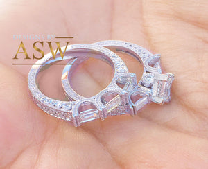 14k Solid White Gold Princess, Round, and Baguettes Cut Forever One Moissanite Engagement Ring And Band Wedding Bridal Set Deco 2.50ct