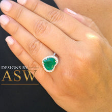 Load image into Gallery viewer, 14k solid white gold green heart shape emerald and round cut simulated diamond engagement ring halo bridal, wedding, promise 4.00ctw
