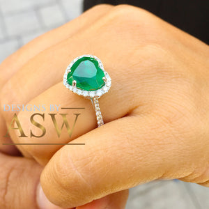 14k solid white gold simulated green heart shape emerald and round cut natural diamonds ring deco, halo, bridal, engagement, wedding 4.00ctw