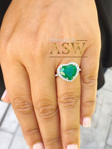 14k solid white gold simulated green heart shape emerald and round cut natural diamonds ring deco, halo, bridal, engagement, wedding 4.00ctw