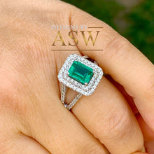 Load image into Gallery viewer, Large 14k solid white gold green emerald and round cut simulated diamond engagement ring halo split shank bridal, wedding, promise 3.00ctw
