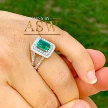 Load image into Gallery viewer, Large 14k solid white gold green emerald and round cut simulated diamond engagement ring halo split shank bridal, wedding, promise 3.00ctw
