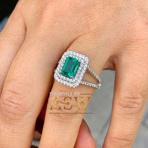 Large 14k solid white gold green emerald and round cut simulated diamond engagement ring halo split shank bridal, wedding, promise 3.00ctw