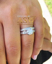 Load image into Gallery viewer, 14k solid white gold round cut simulated diamond engagement ring and band, wedding, anniversary, prong set, large, bridal set 3.50ctw
