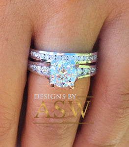 Large 14k solid white gold round cut forever one moissanite engagement ring and band bridal wedding set, channel set 3.50ctw