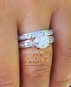 Large 14k solid white gold round cut forever one moissanite engagement ring and band bridal wedding set, channel set 3.50ctw