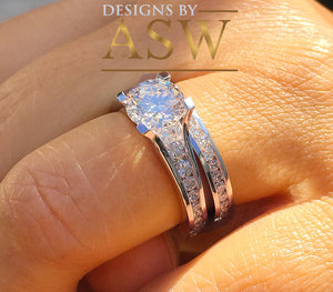 Large 14k solid white gold round cut forever one moissanite engagement ring and band bridal wedding set, channel set 3.50ctw