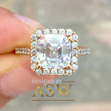 Load image into Gallery viewer, 14k Rose Gold Asscher Cut Forever One Moissanite and Round Cut Diamond Engagement Ring Halo Deco Bridal, Wedding 2.70ct
