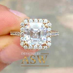 14k Rose Gold Asscher Cut Forever One Moissanite and Round Cut Diamond Engagement Ring Halo Deco Bridal, Wedding 2.70ct