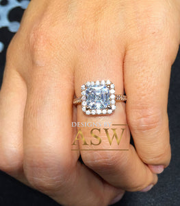 14k Rose Gold Asscher Cut Forever One Moissanite and Round Cut Diamond Engagement Ring Halo Deco Bridal, Wedding 2.70ct
