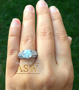 Heavy 14k Solid White Gold Round Cut Forever One Moissanite and Natural Diamond Engagement Ring Antique Deco Bridal Halo 2.70ctw