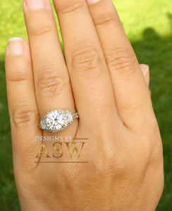 14k Yellow Gold Round Forever one Moissanite and Diamond Engagement Ring Antique Deco Bridal Wedding Anniversry Half Moon Cut Halo 2.50ctw
