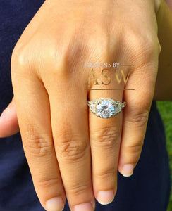 14k Yellow Gold Round Forever one Moissanite and Diamond Engagement Ring Antique Deco Bridal Wedding Anniversry Half Moon Cut Halo 2.50ctw