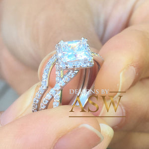 14K Solid White Gold Princess Cut Forever One Moissanite And Natural Diamond Engagement Ring And Band, Halo, Anniversary, Wedding Deco 1.80