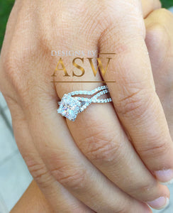 14K Solid White Gold Princess Cut Forever One Moissanite And Natural Diamond Engagement Ring And Band, Halo, Anniversary, Wedding Deco 1.80