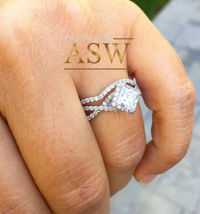 14K Solid White Gold Princess Cut Forever One Moissanite And Natural Diamond Engagement Ring And Band, Halo, Anniversary, Wedding Deco 1.80