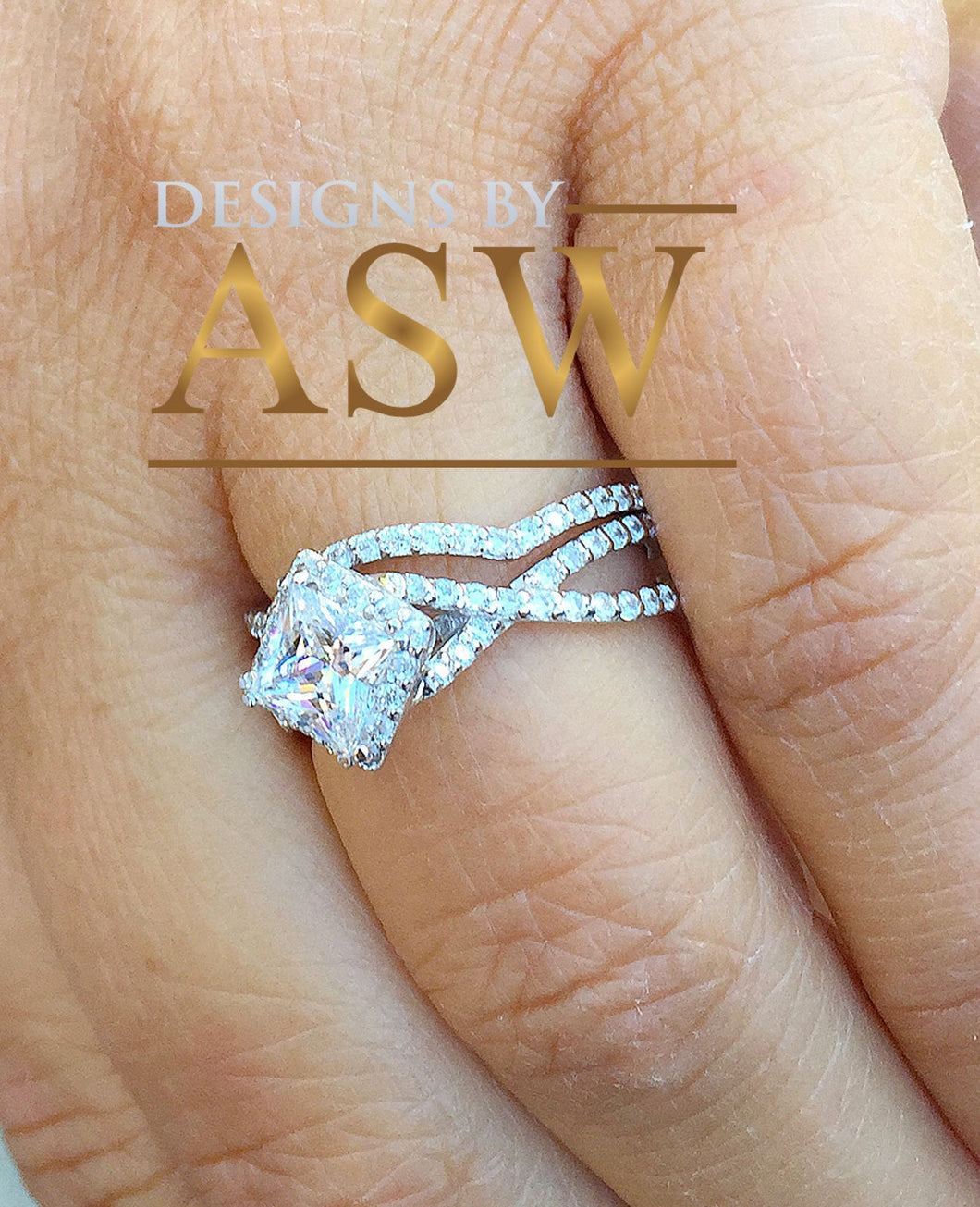 14K Solid White Gold Princess Cut Forever One Moissanite And Natural Diamond Engagement Ring And Band, Halo, Anniversary, Wedding Deco 1.80