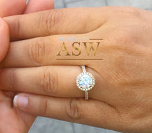 Load image into Gallery viewer, 14k Yellow Gold Round Forever one Moissanite and Diamond Engagement Ring Filigree Deco Bridal Wedding Anniversary, Bridal, Halo 1.50ctw
