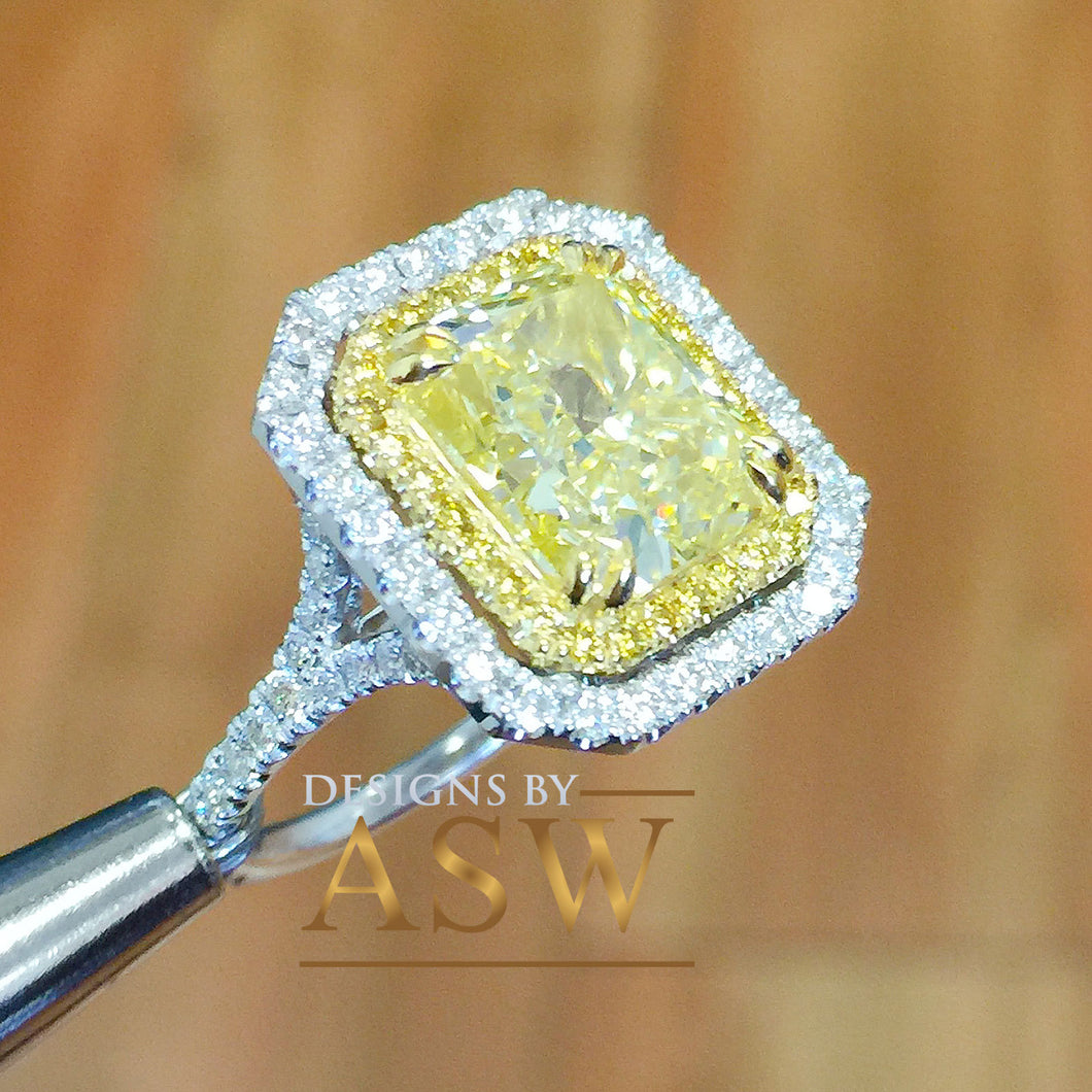 Large 6.00 Carats 14k Solid White and Yellow Gold Radiant Cut Simulated Diamond and Fancy Yellow Diamonds Engagement Ring Double Halo