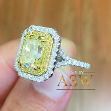 Load image into Gallery viewer, Large 6.00 Carats 14k Solid White and Yellow Gold Radiant Cut Simulated Diamond and Fancy Yellow Diamonds Engagement Ring Double Halo
