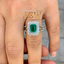 Load image into Gallery viewer, Large 14k solid white gold green emerald and round cut simulated diamond engagement ring halo split shank bridal, wedding, promise 3.00ctw
