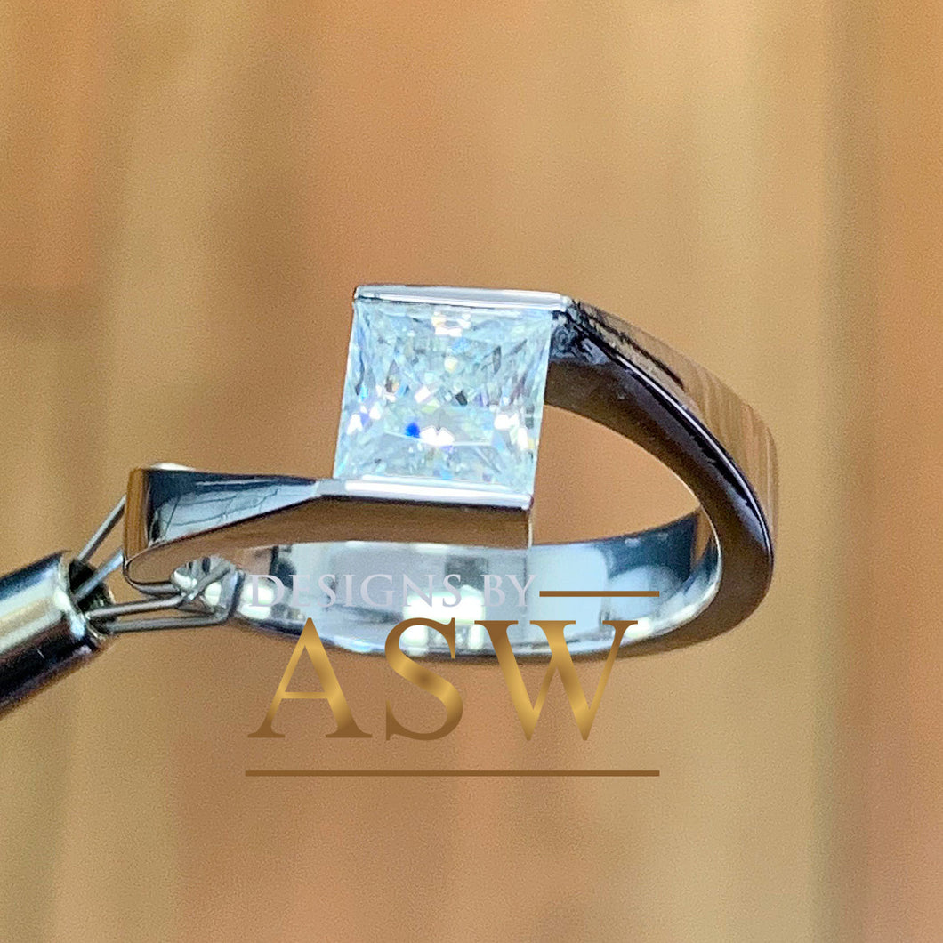14K Solid White Gold Princess Cut Forever One Moissanite Engagement Ring Deco, Bridal, Wedding, Anniversary, Tension Set Solitaire 1.20ctw