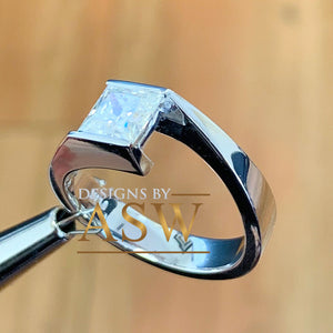 14K Solid White Gold Princess Cut Forever One Moissanite Engagement Ring Deco, Bridal, Wedding, Anniversary, Tension Set Solitaire 1.20ctw