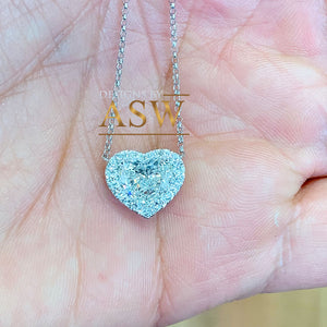 Large 14k solid white gold heart shape simulated emerald and round cut simulated diamonds necklace pendent and chain bridal gift 3.70ctw