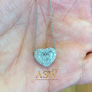 Large 14k solid white gold heart shape simulated emerald and round cut simulated diamonds necklace pendent and chain bridal gift 3.70ctw