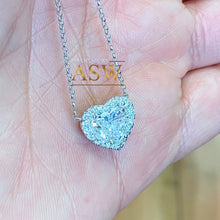 Load image into Gallery viewer, Large 14k solid white gold heart shape simulated emerald and round cut simulated diamonds necklace pendent and chain bridal gift 3.70ctw
