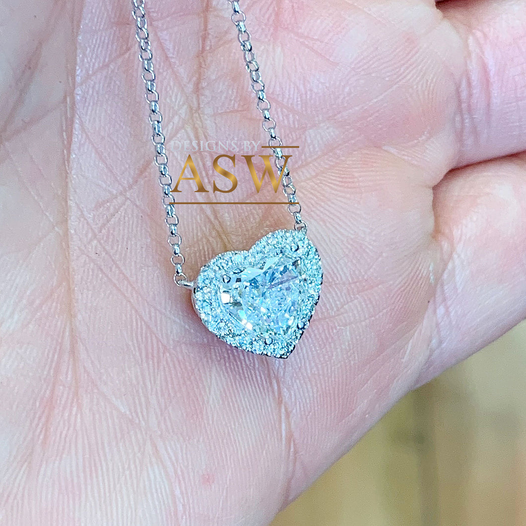 Large 14k solid white gold heart shape simulated emerald and round cut simulated diamonds necklace pendent and chain bridal gift 3.70ctw