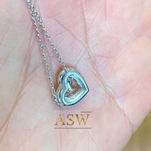 Large 14k solid white gold heart shape simulated emerald and round cut simulated diamonds necklace pendent and chain bridal gift 3.70ctw