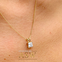 Load image into Gallery viewer, 14k solid yellow gold princess shape cut simulated diamond prong set necklace pendent and chain bridal wedding anniversary gift 1.00ctw
