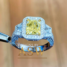 Load image into Gallery viewer, Large 3.50 Carats 14k Solid White and Yellow Gold Radiant Cut Simulated Diamond and Fancy Yellow Diamonds Engagement Ring Halo
