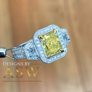 Large 3.50 Carats 14k Solid White and Yellow Gold Radiant Cut Simulated Diamond and Fancy Yellow Diamonds Engagement Ring Halo