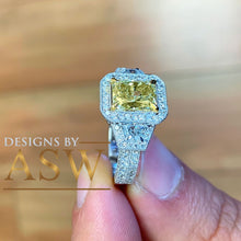 Load image into Gallery viewer, Large 3.50 Carats 14k Solid White and Yellow Gold Radiant Cut Simulated Diamond and Fancy Yellow Diamonds Engagement Ring Halo
